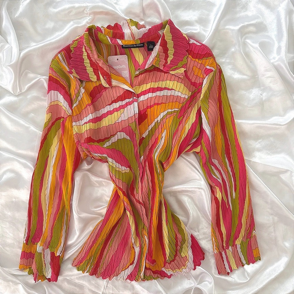 Essentials by Milano Plisse Button Down Shirt Pink Orange Psychedelic Wave L